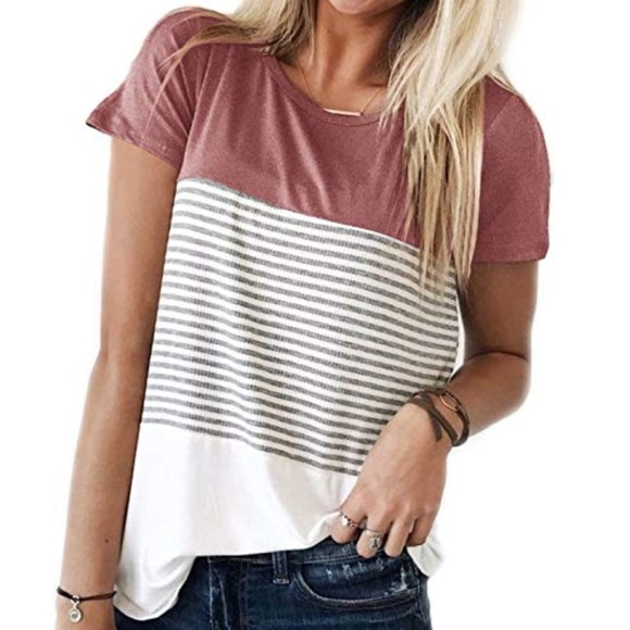 Tops - Women Color Block Stripe Short Sleeve T-Shirt